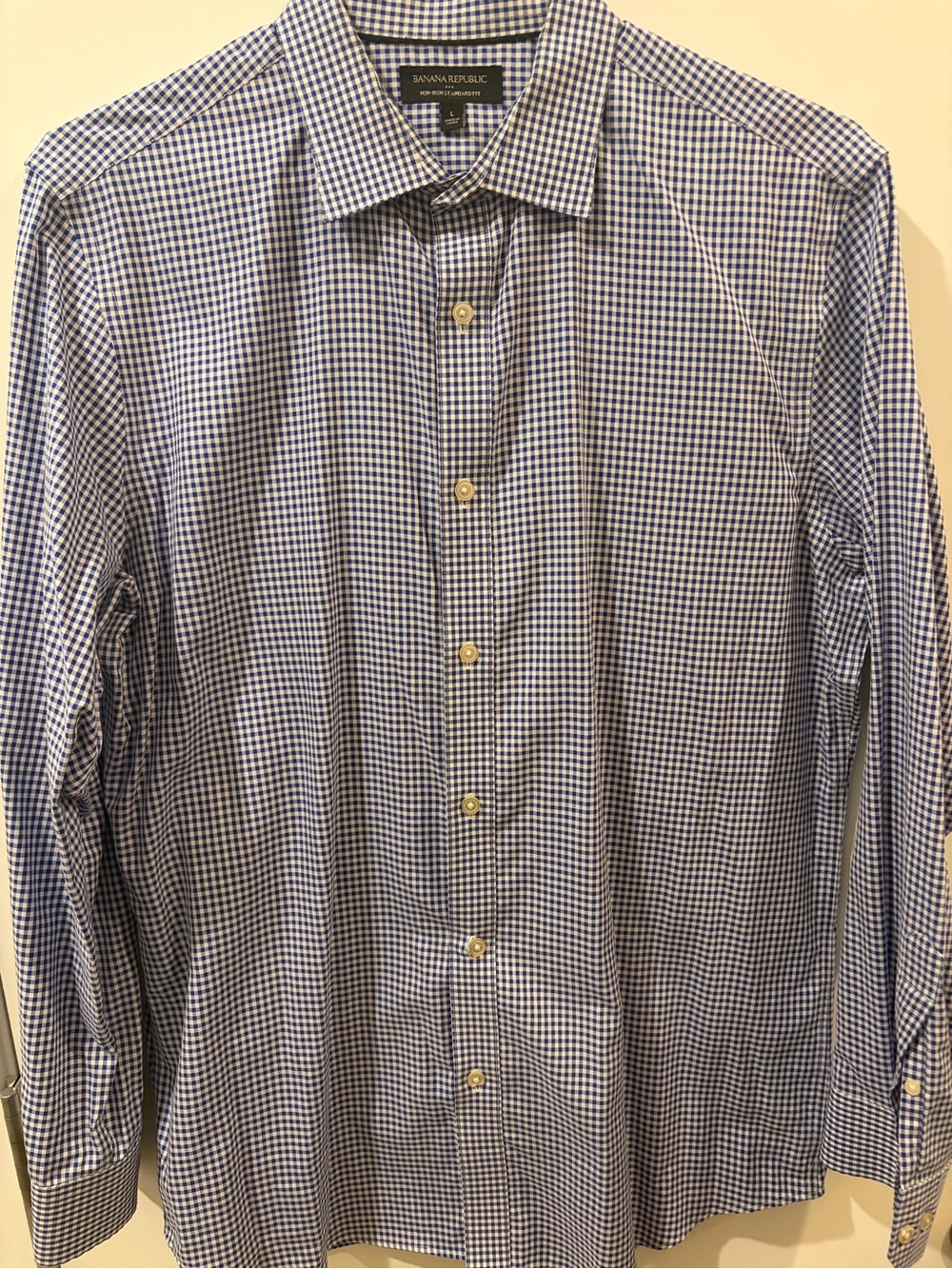 Banana Republic Men's Navy and White Gingham Dress Shirt